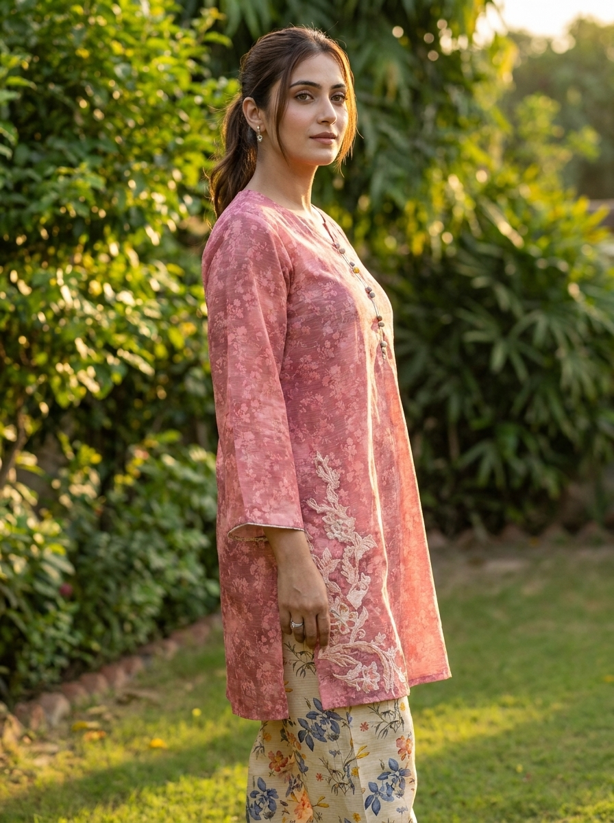 Pink Self-Printed Lawn 2-Piece Set with Floral Skinny Shalwar