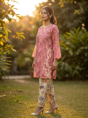 Pink Self-Printed Lawn 2-Piece Set with Floral Skinny Shalwar