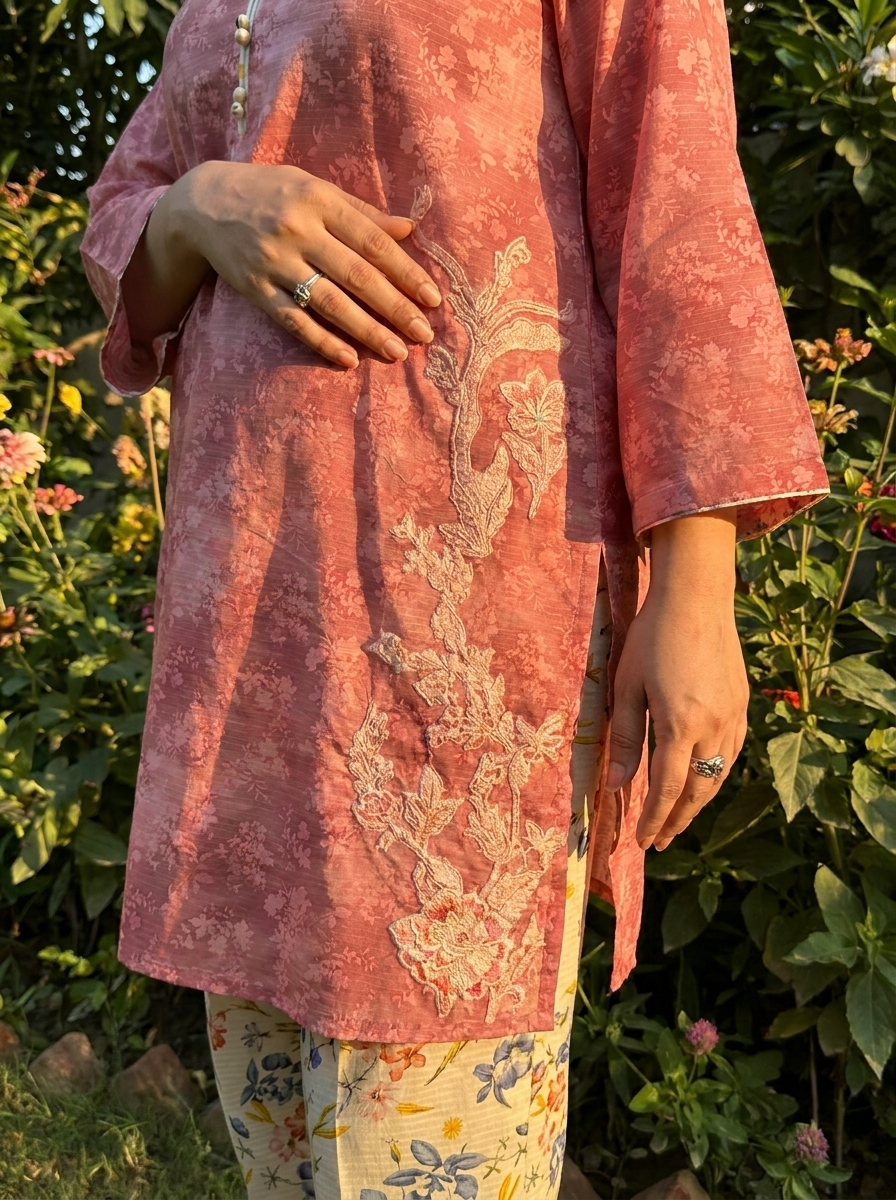 Pink Self-Printed Lawn 2-Piece Set with Floral Skinny Shalwar