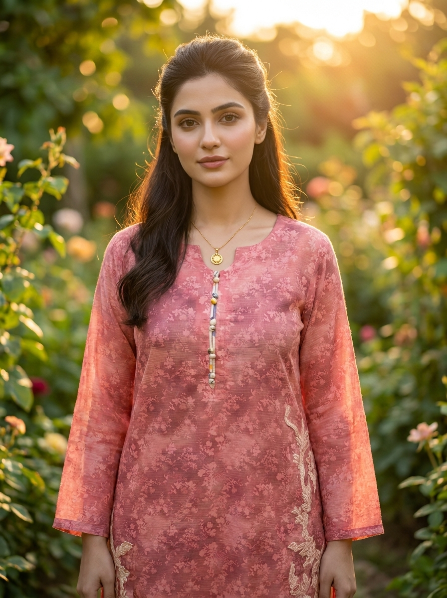 Pink Self-Printed Lawn 2-Piece Set with Floral Skinny Shalwar
