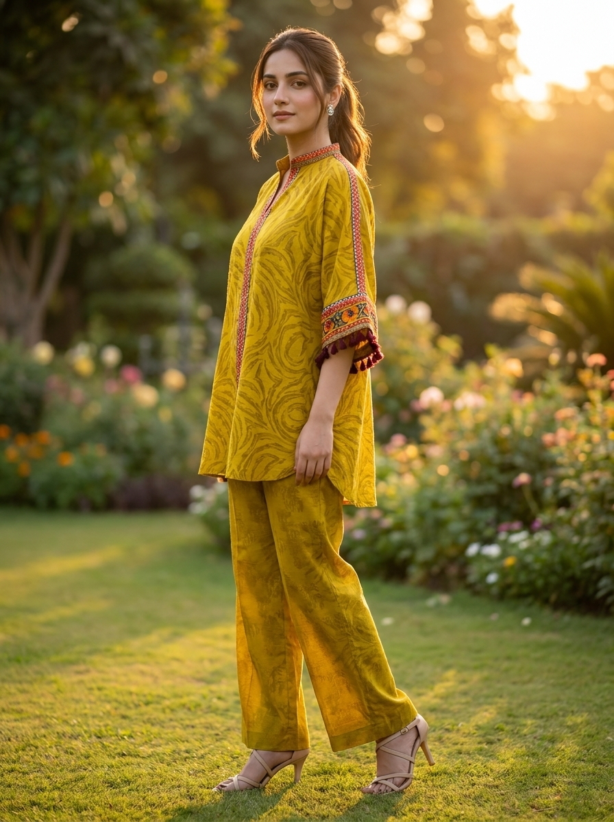 Olive Green Printed Kaftan 2-Piece Set with Loose Fit Trousers