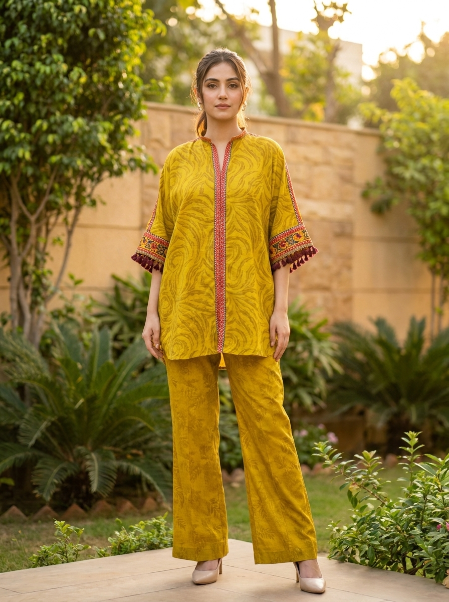 Olive Green Printed Kaftan 2-Piece Set with Loose Fit Trousers