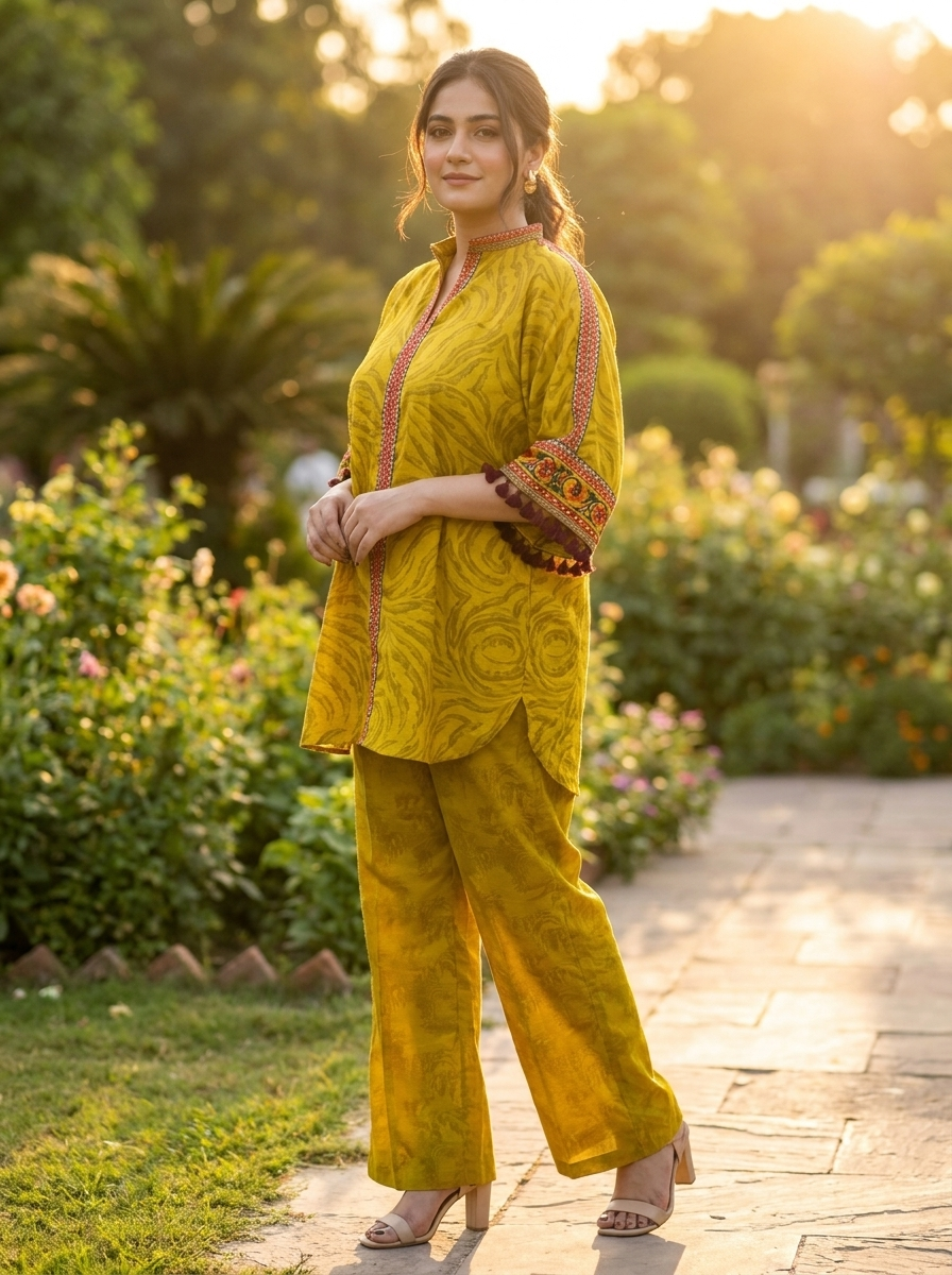 Olive Green Printed Kaftan 2-Piece Set with Loose Fit Trousers