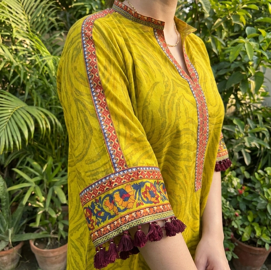 Olive Green Printed Kaftan 2-Piece Set with Loose Fit Trousers