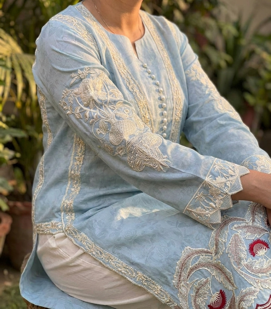 Ice Blue & White Embroidered Lawn 3-Piece Suit with Embroidered Dupatta