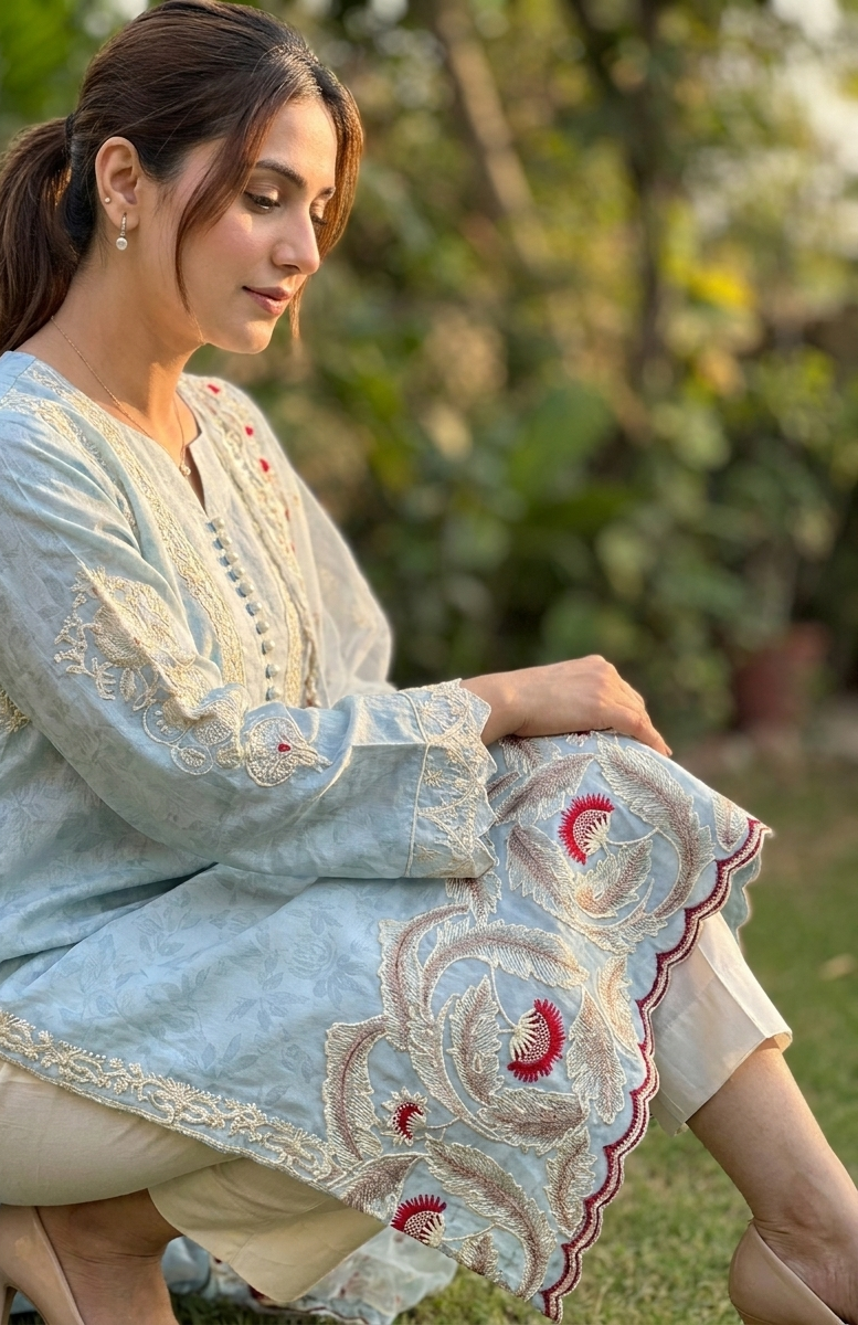 Ice Blue & White Embroidered Lawn 3-Piece Suit with Embroidered Dupatta