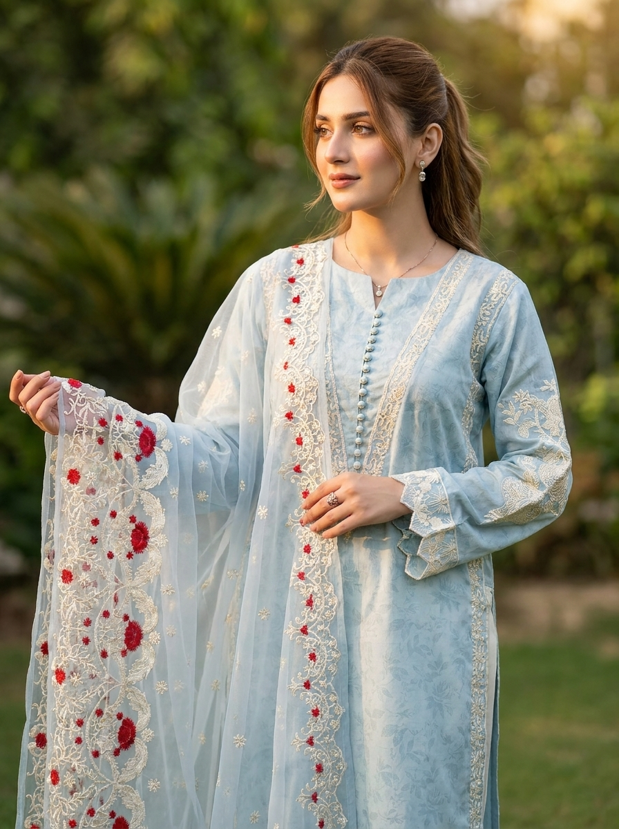 Ice Blue & White Embroidered Lawn 3-Piece Suit with Embroidered Dupatta