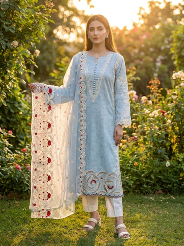 Ice Blue & White Embroidered Lawn 3-Piece Suit with Embroidered Dupatta
