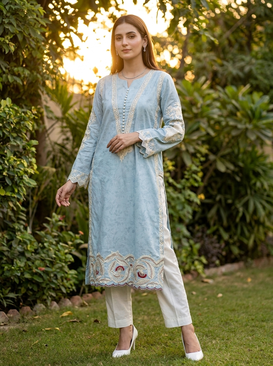 Ice Blue & White Embroidered Lawn 3-Piece Suit with Embroidered Dupatta