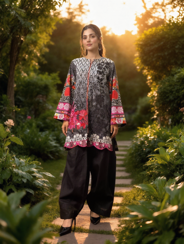 Black, Grey & Pink Digital Printed Premium Lawn 2-Piece Set with Farshi Shalwar