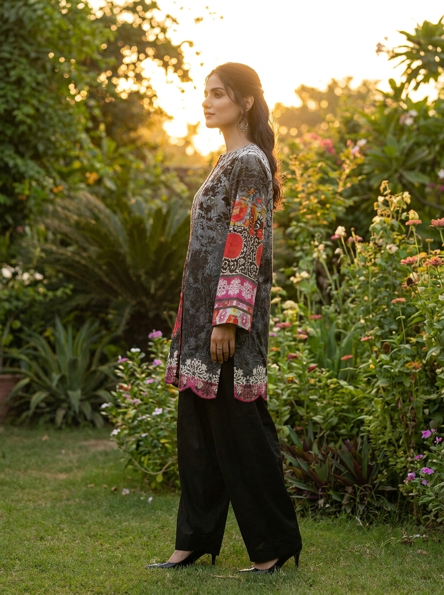 Black, Grey & Pink Digital Printed Premium Lawn 2-Piece Set with Farshi Shalwar