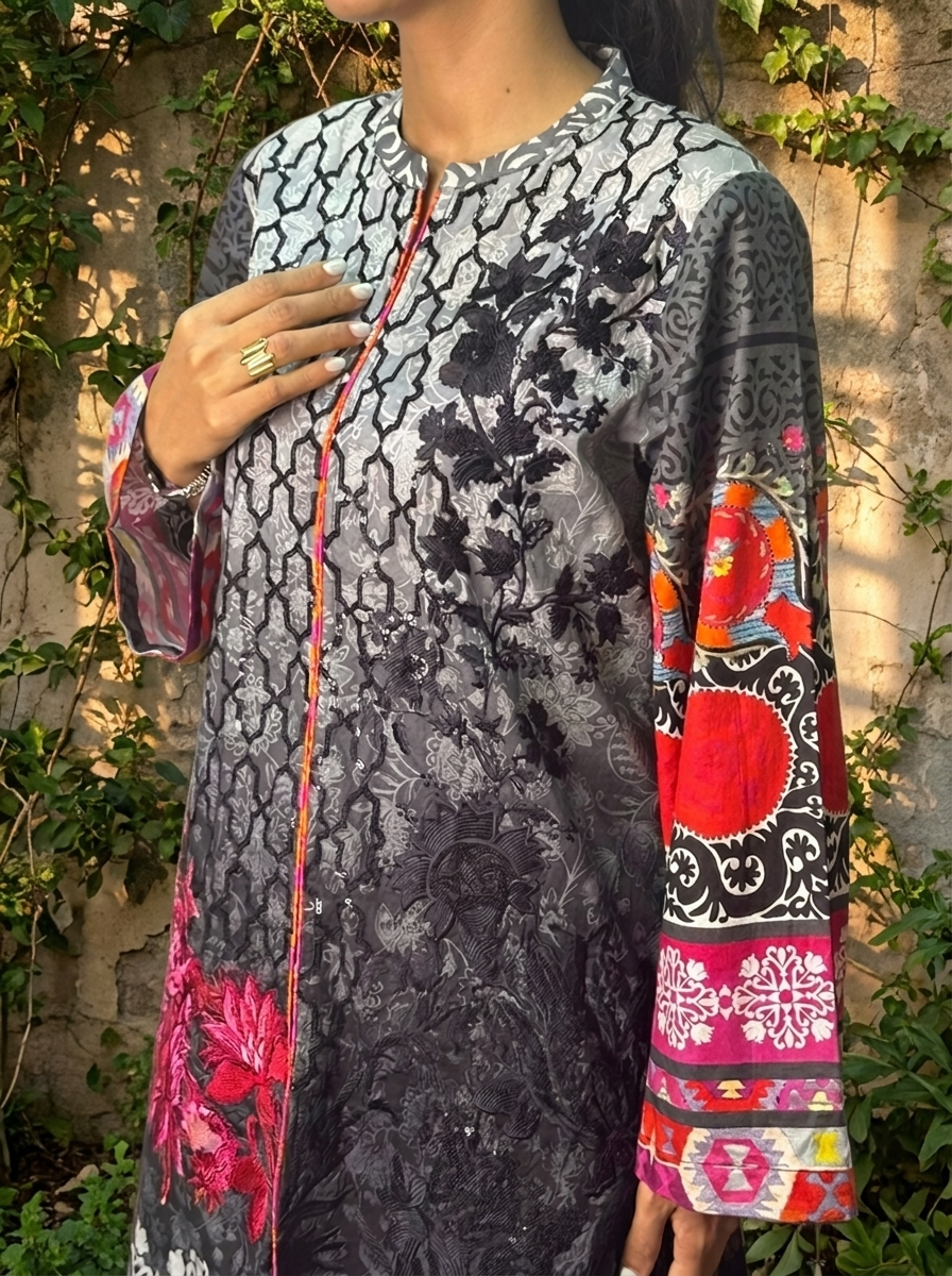 Black, Grey & Pink Digital Printed Premium Lawn 2-Piece Set with Farshi Shalwar