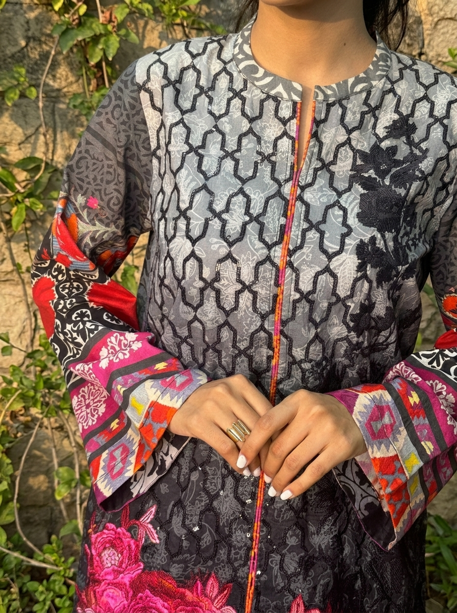 Black, Grey & Pink Digital Printed Premium Lawn 2-Piece Set with Farshi Shalwar