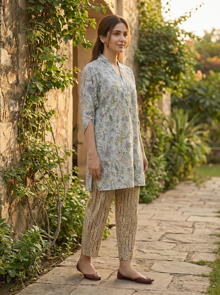 Sky Blue Printed Striped Self-Textured Lawn 2-Piece Set