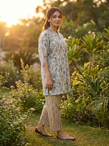 Sky Blue Printed Striped Self-Textured Lawn 2-Piece Set