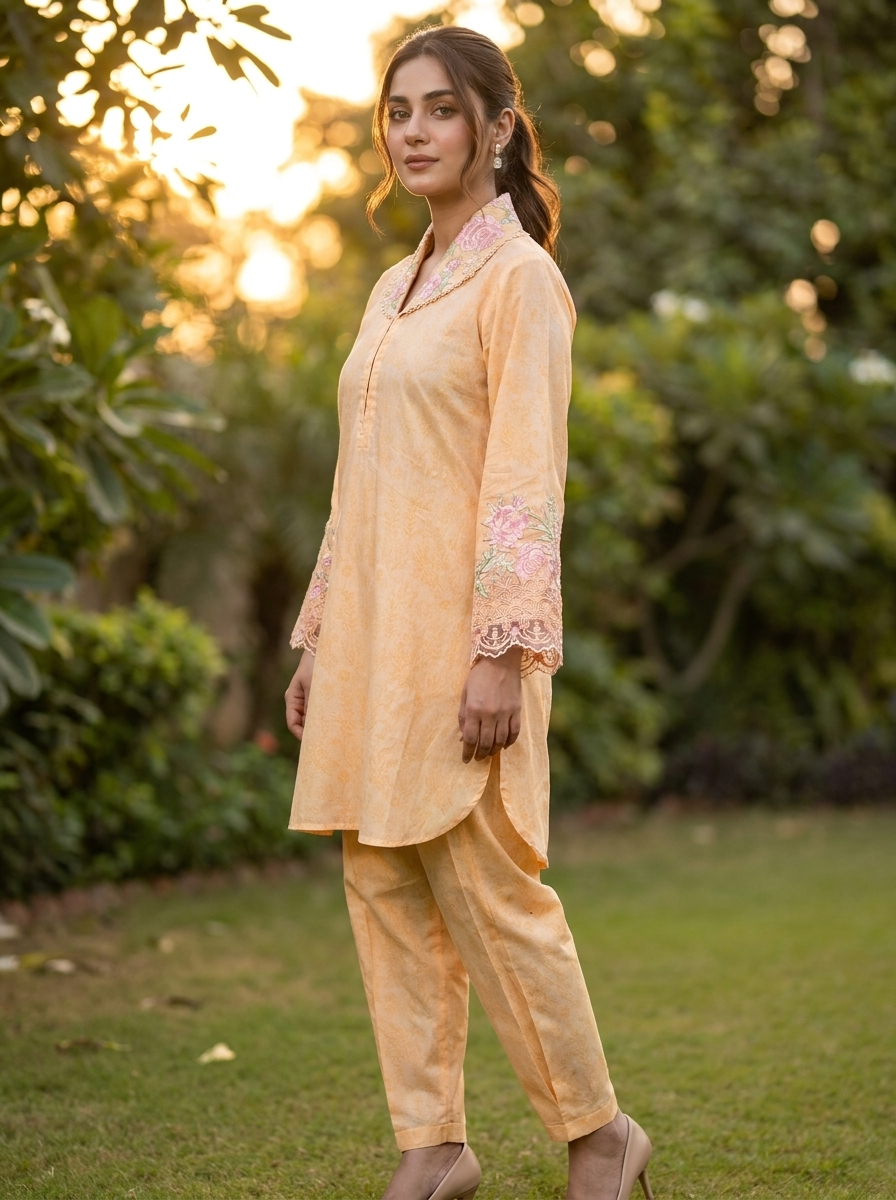 Peach Digital Printed Premium Pima Lawn 2-Piece Set