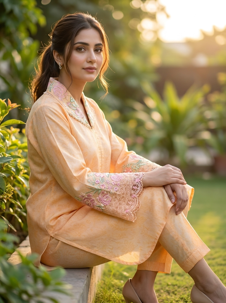 Peach Digital Printed Premium Pima Lawn 2-Piece Set