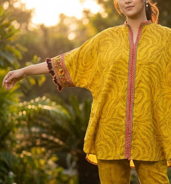 Olive Green Printed Kaftan 2-Piece Set with Loose Fit Trousers